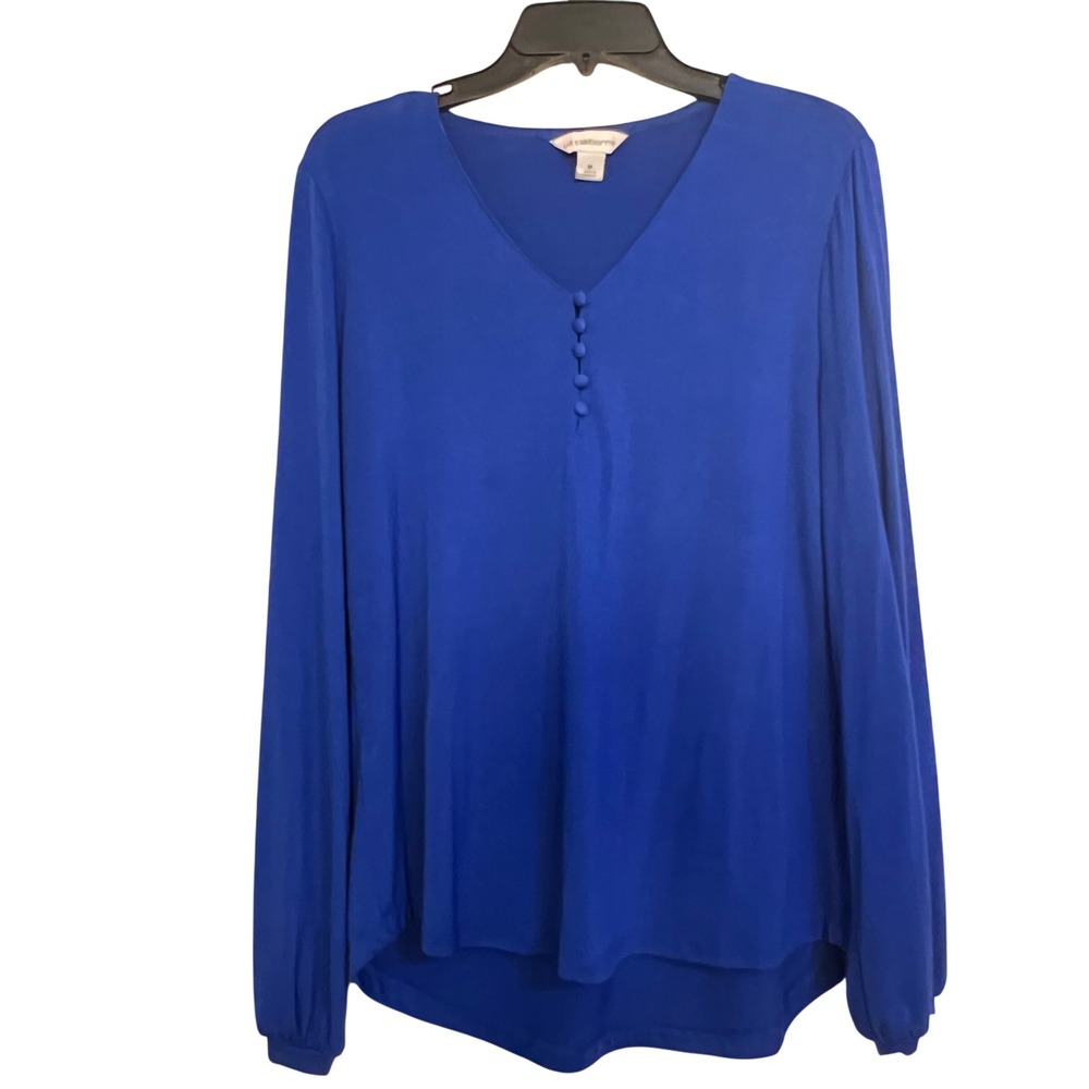 Liz Claiborne Womens Blue Long Sleeve V Neck Button Soft Casual Blouse Top Sz M